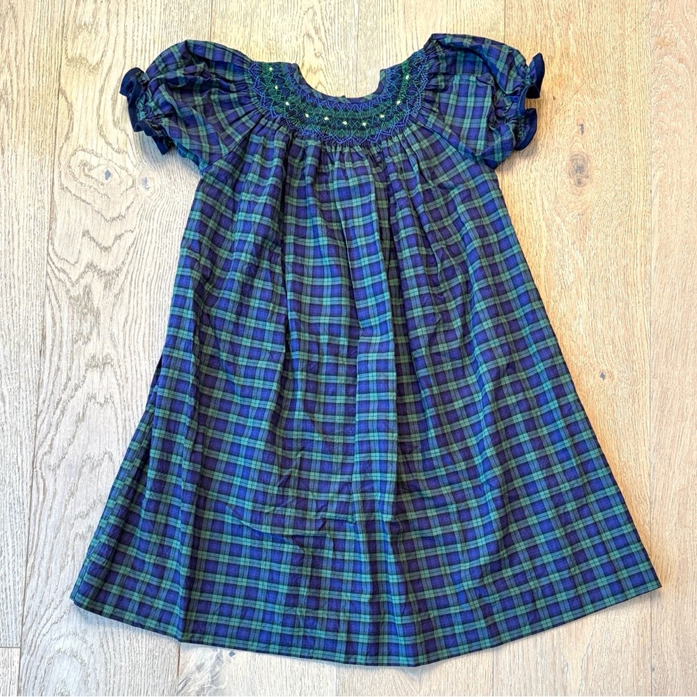 Southern Sunshine Blue & Green Plaid Smocked Dress – 5T, EUC